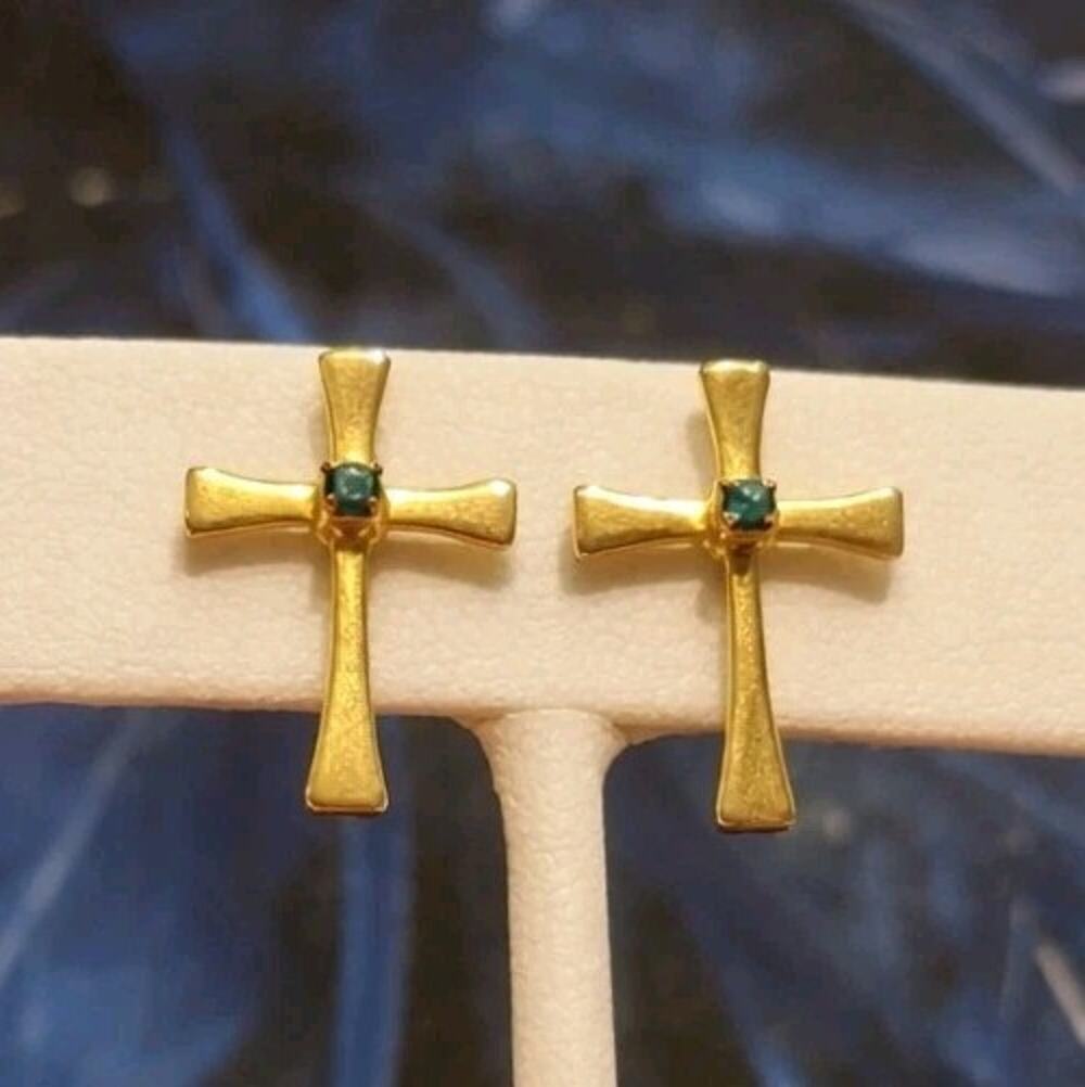 Vintage Cross Pierced Earrings 3/4" Green Rhinestone Christian Gold-tone bp-2